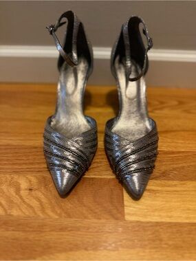 Adrianna Papell Silver Pointed-Toe Ankle-Strap Heels